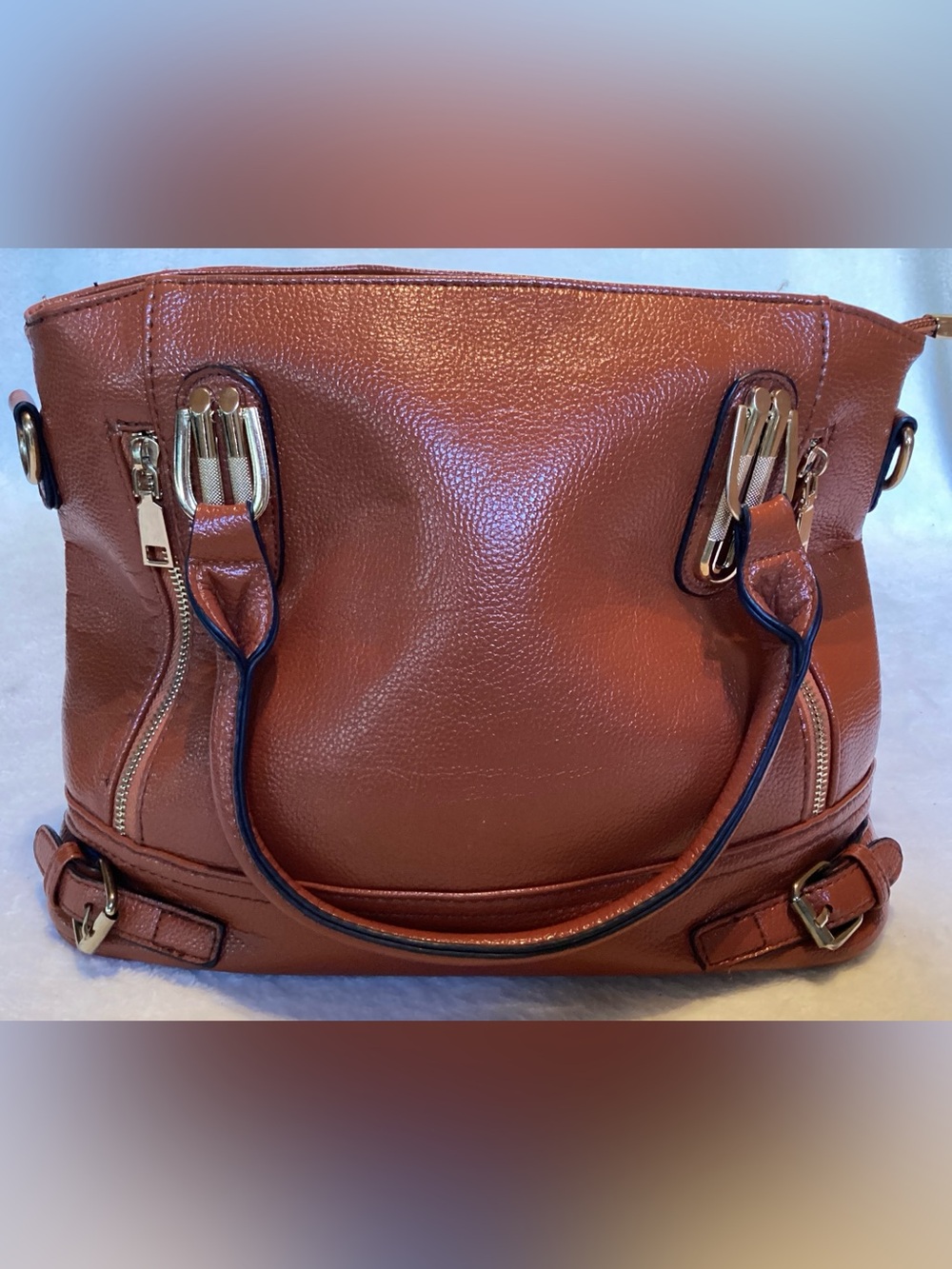 Brown Vegan Leather Tote Handbag with Goldtone Hardware